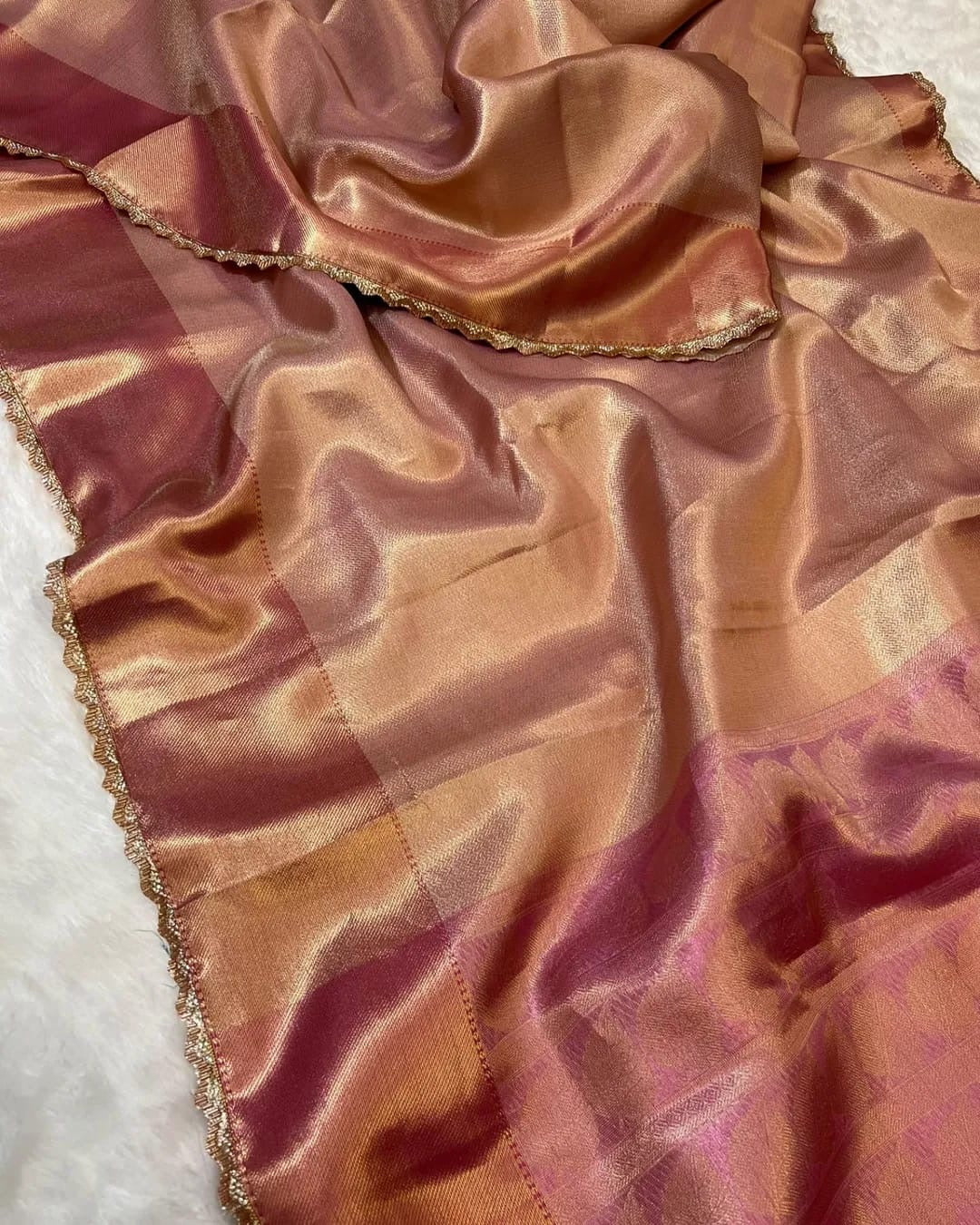 Zaria Rose Gold Banarasi Soft Kanchi Tissue Silk Saree