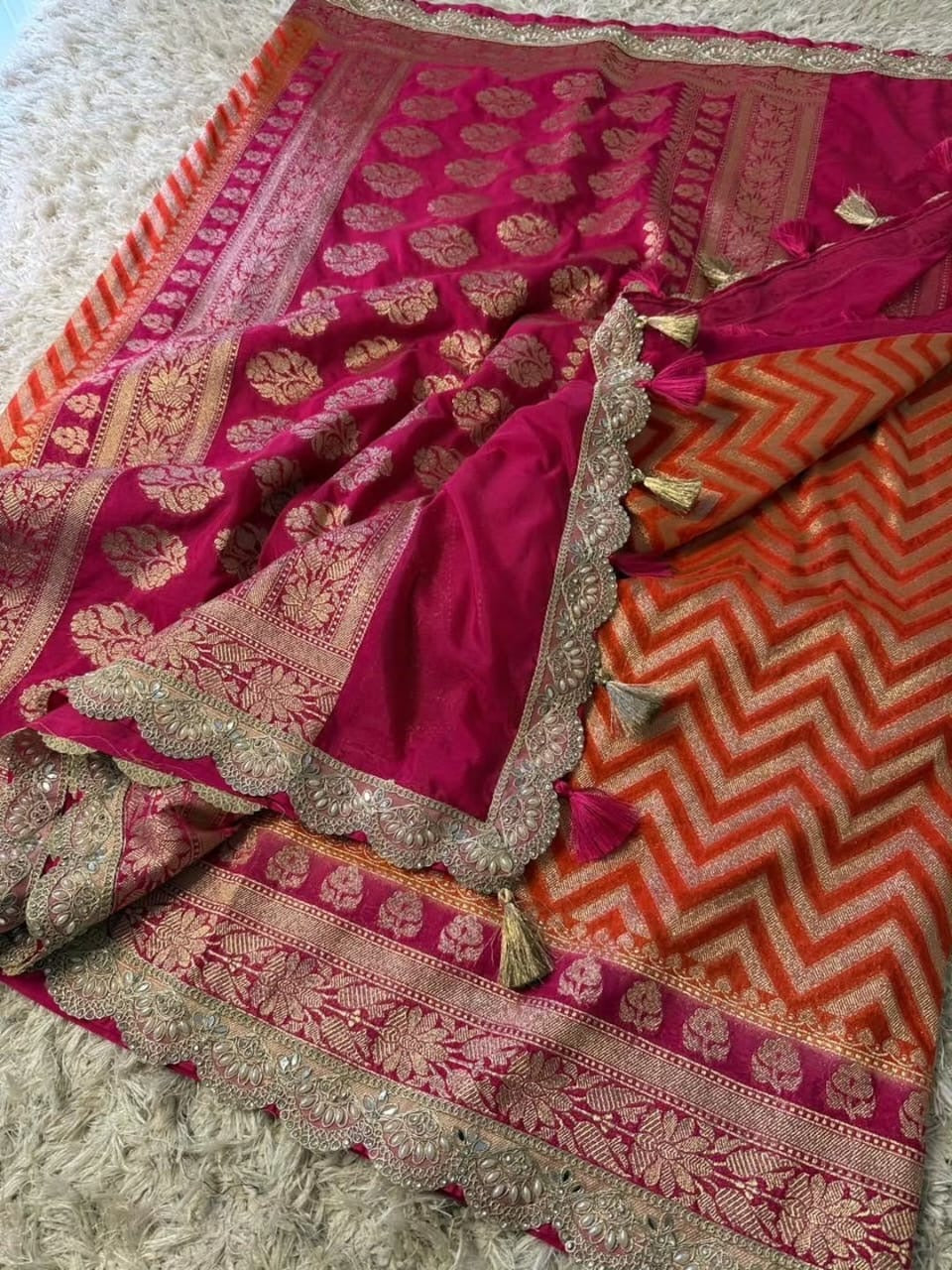 Saanvi Orange & Pink Katan Georgette Silk Saree