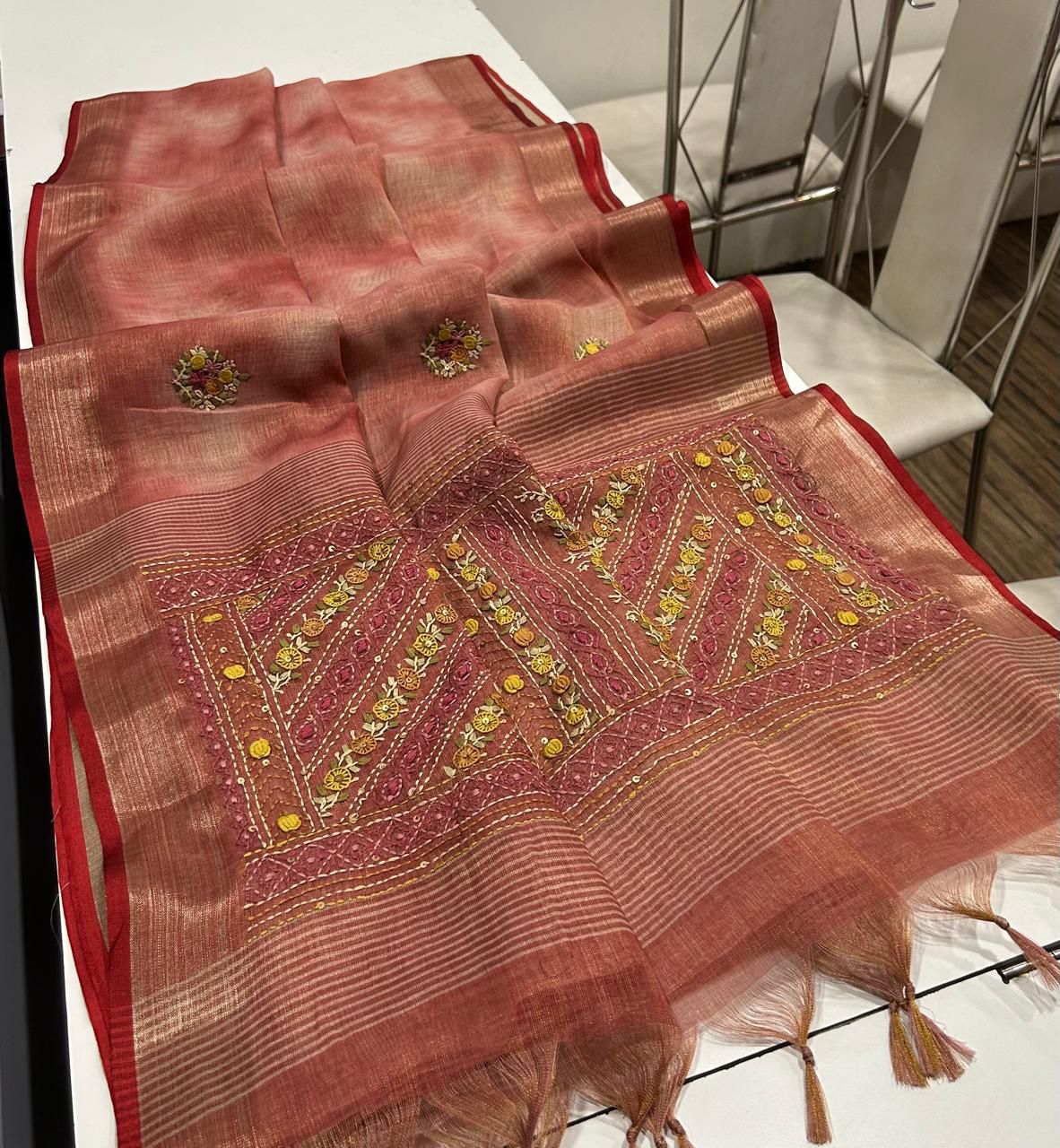 Iraah Peach Linen Tissue Saree