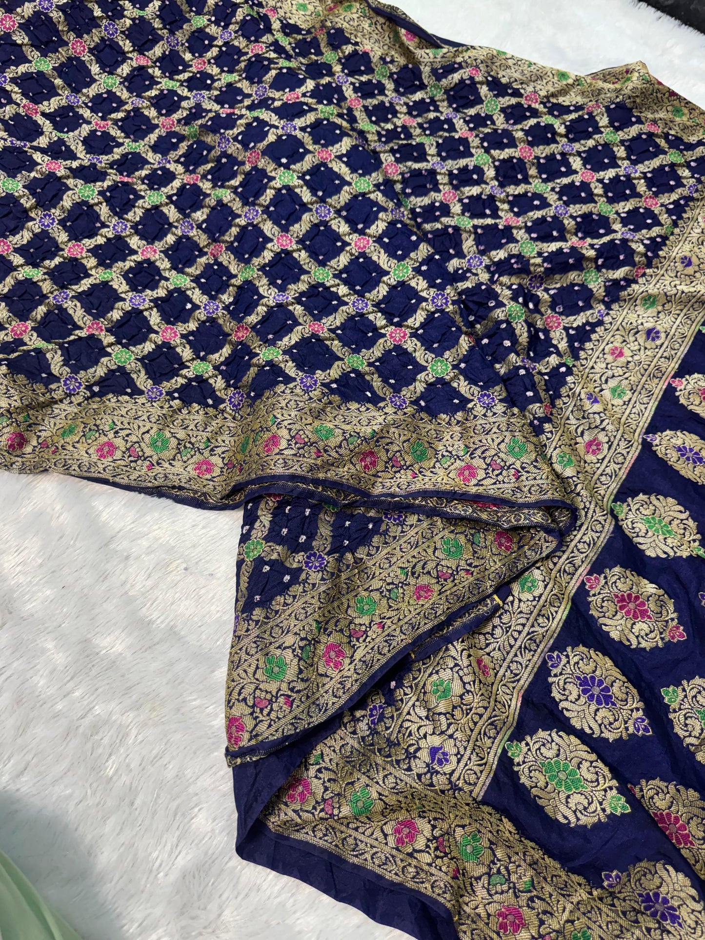 Bandita Navy Blue Banarasi Soft Bandhej Warm Silk Saree