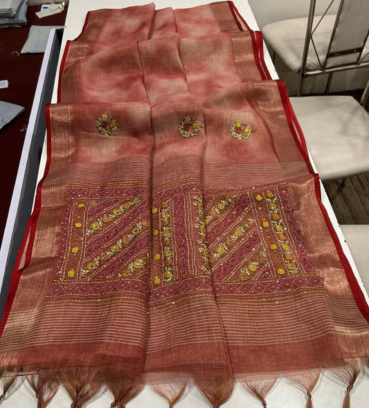 Iraah Peach Linen Tissue Saree