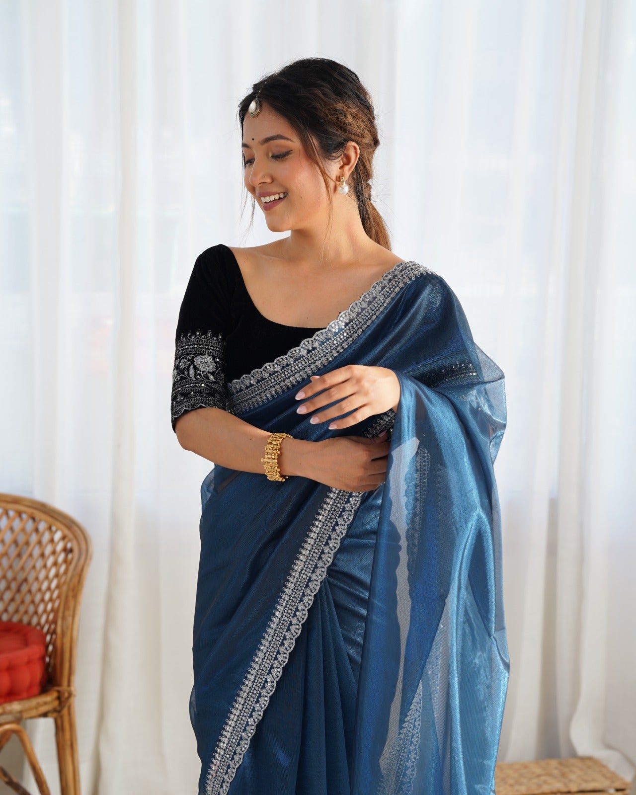 Kanchh Blue Twill Net Saree
