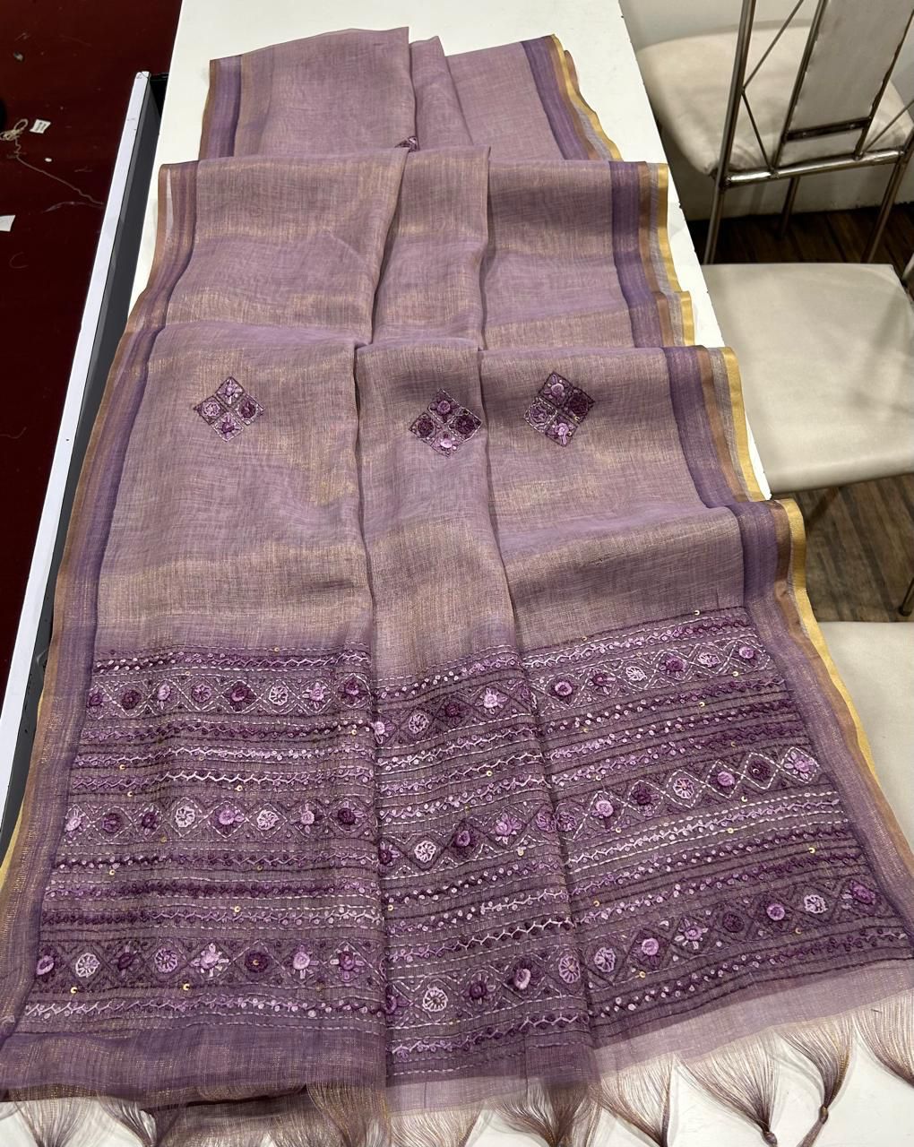 Kaavya Purple Linen Tissue Saree