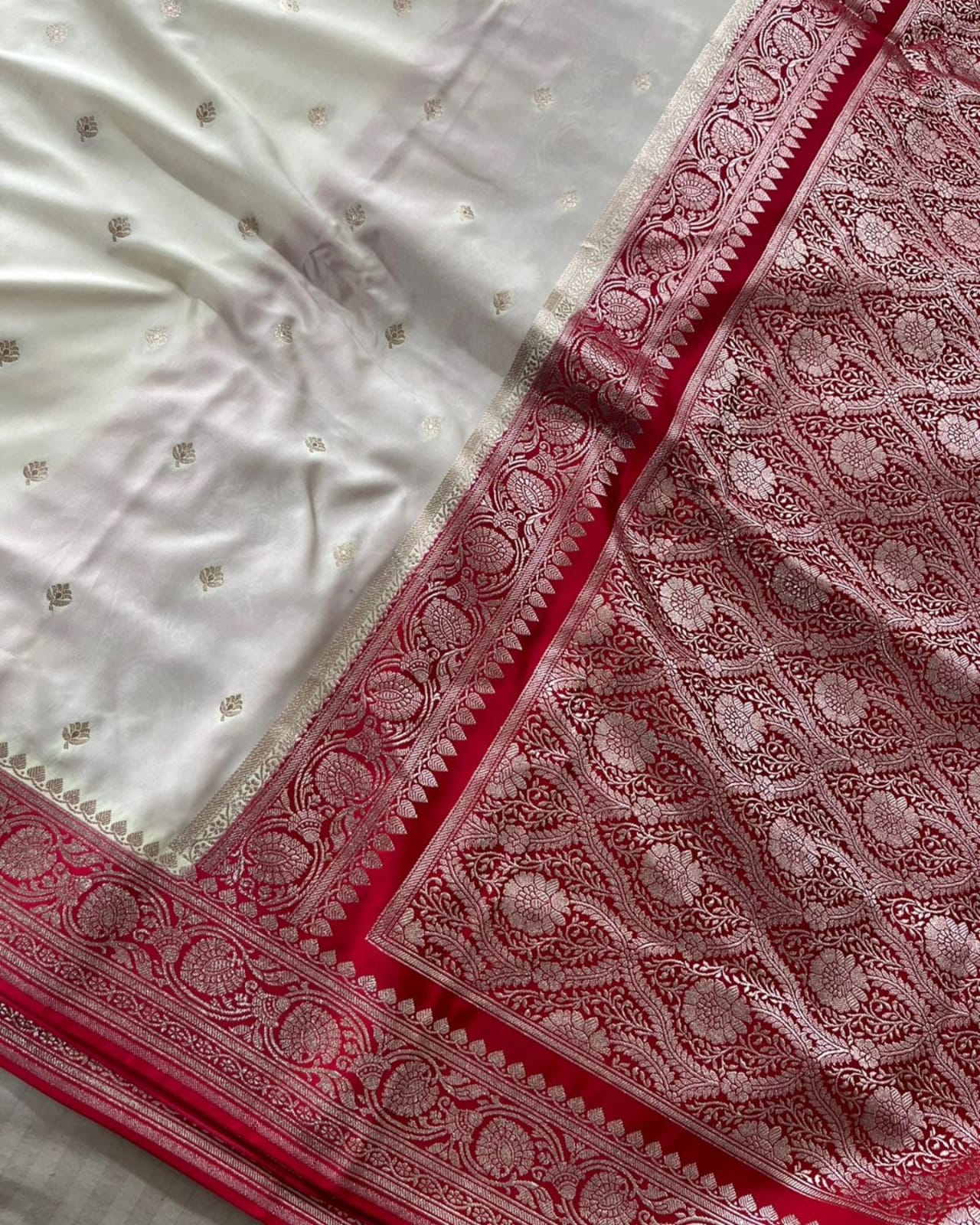 Saaj Red & White Mashru Katan Silk Saree