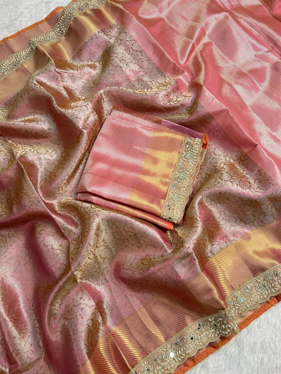Elara Rose Gold Pink Kanchi Pattu Silk Saree