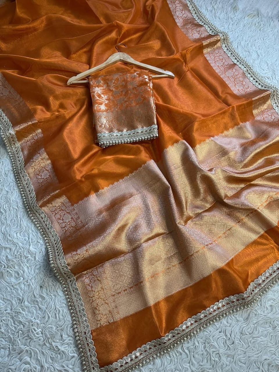 Charvi Rust Orange Tissue Silk Saree