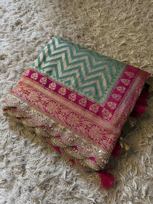 Saanvi Pink & Green Katan Georgette Silk Saree