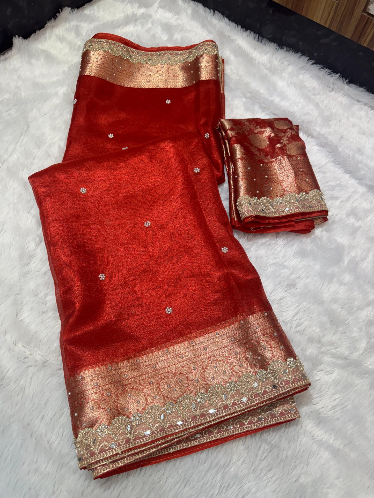 Gulnaar Red Tissue Silk Saree