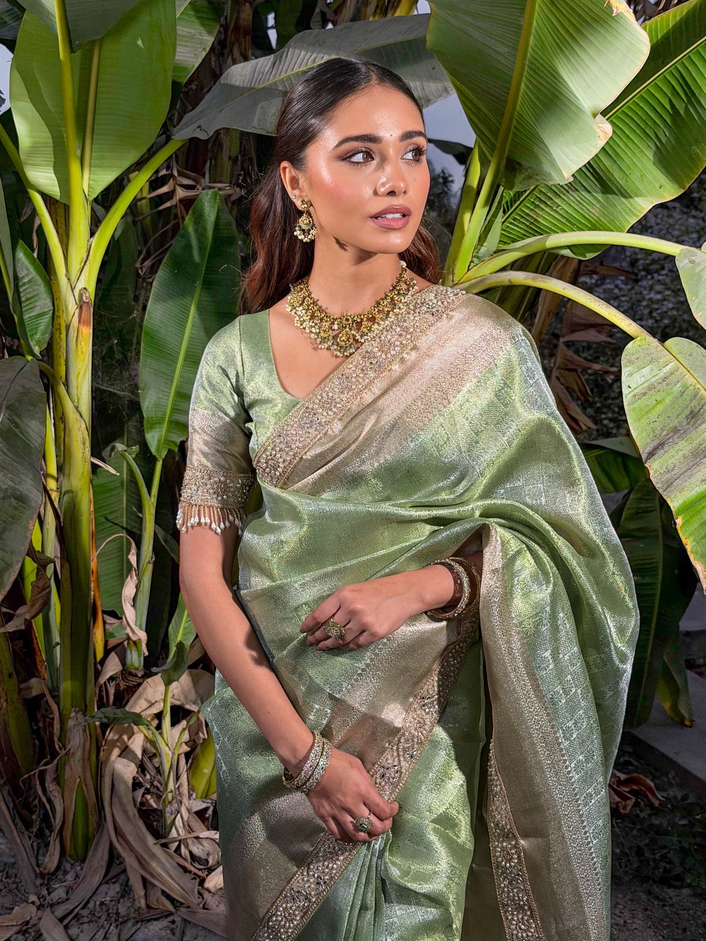 Zeenat Green Tissue Silk Saree