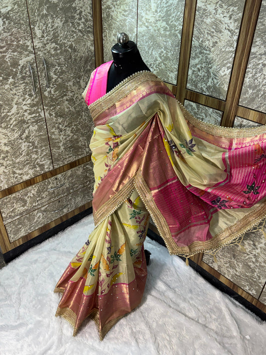 Avira Ivory & Rani Pink Banarasi Soft Tissue Silk Saree