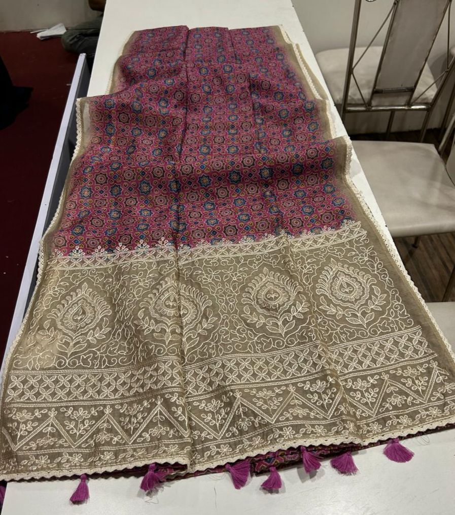 Noorvi Purple Chanderi Cotton Saree with Ajrakh Print