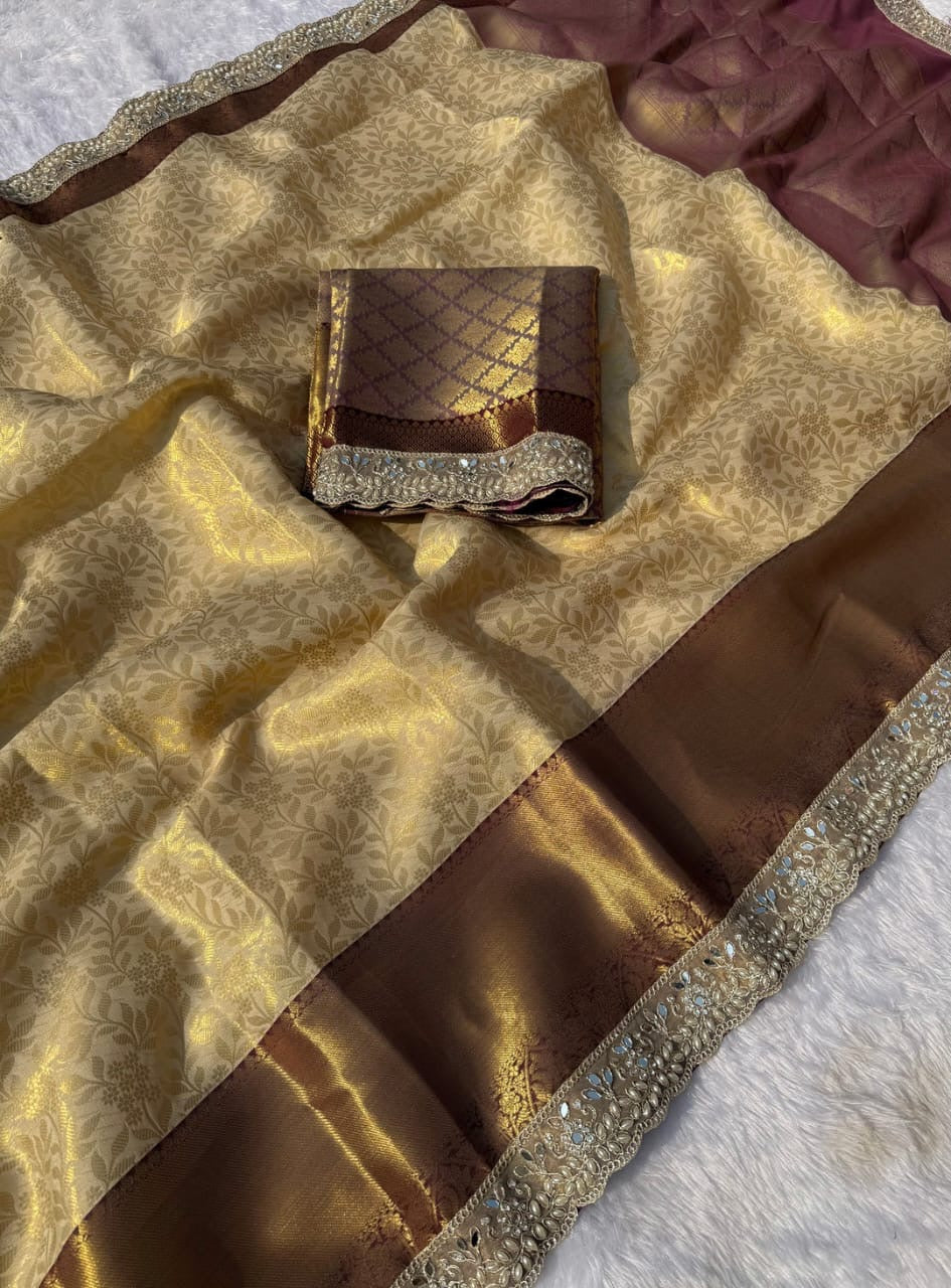 Zoya Maroon Gold Banarasi Kanjivaram Tissue Silk Saree