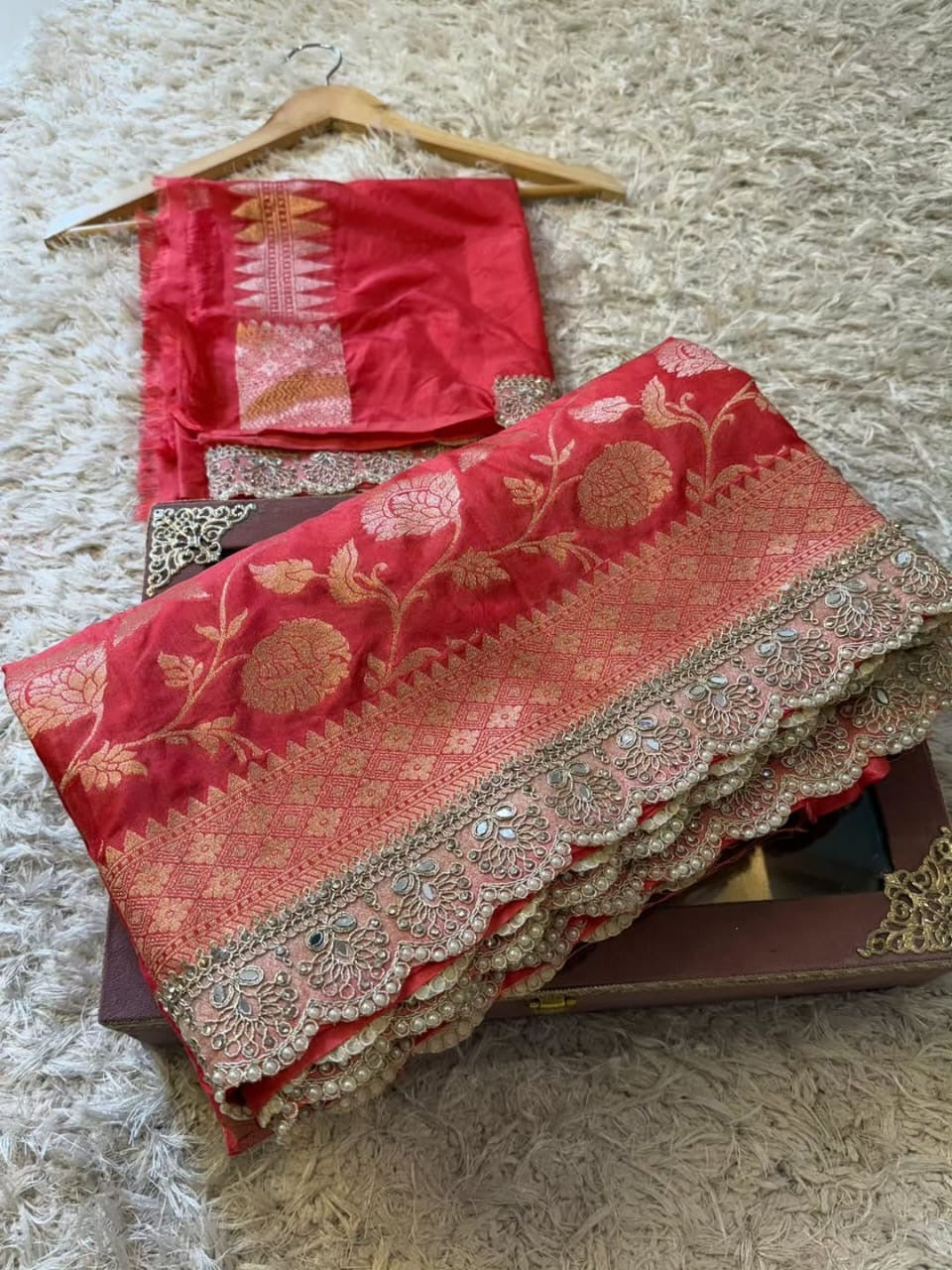 Mahnoor Coral Red Banarasi Soft Mashru Katan Silk Saree