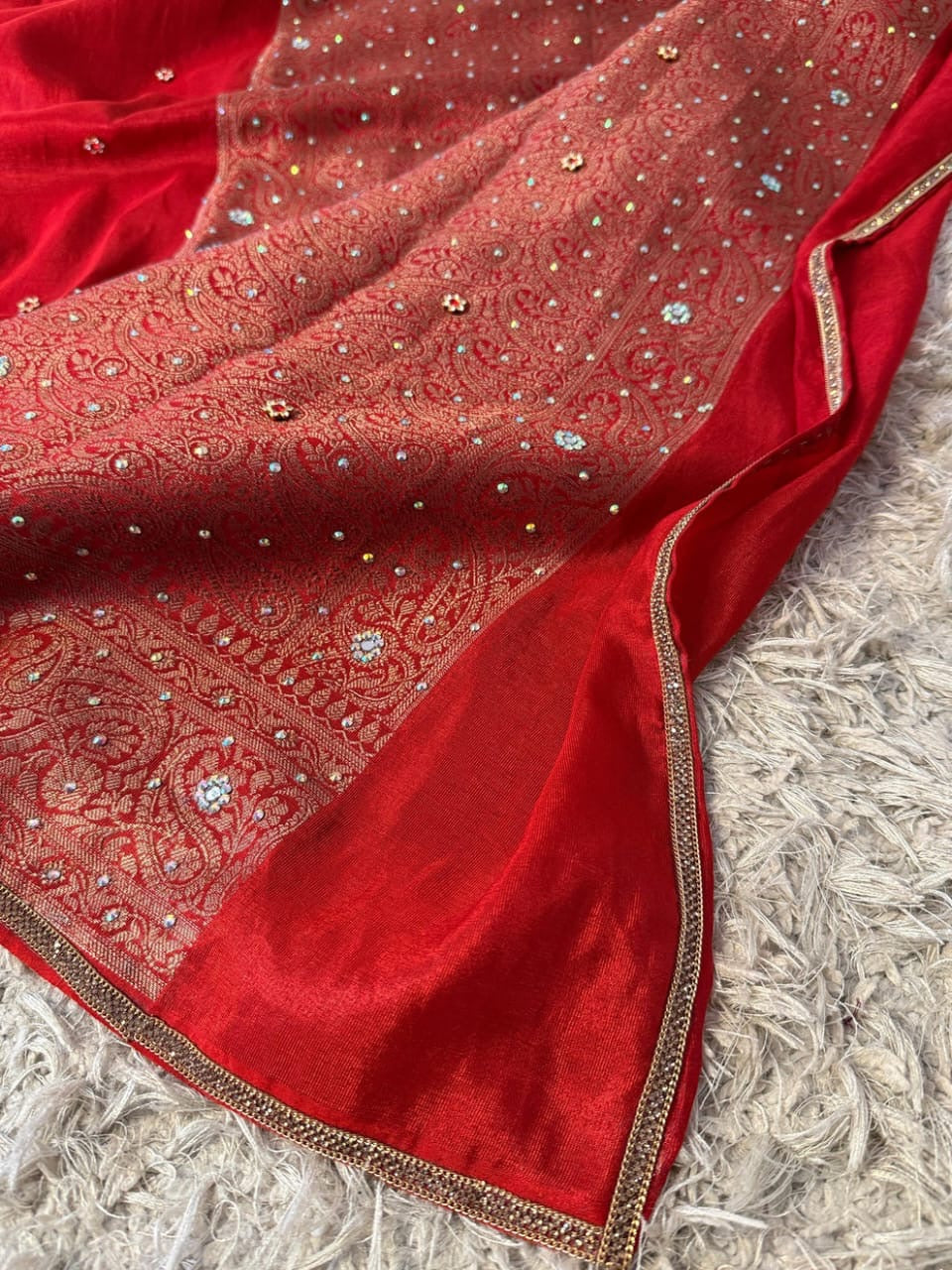 Laalima Ruby Red Banarasi Soft Tissue Silk Saree