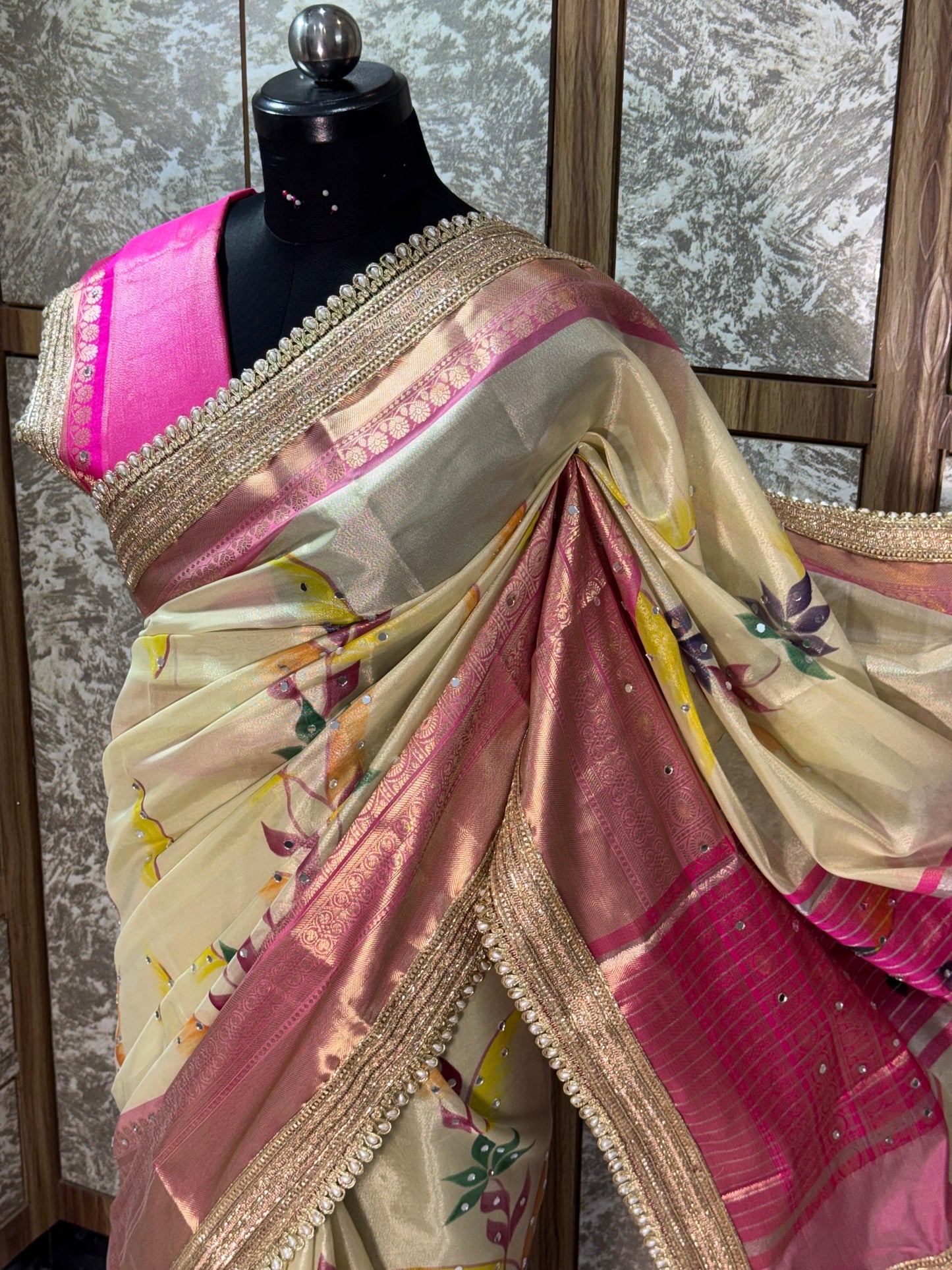 Avira Ivory & Rani Pink Banarasi Soft Tissue Silk Saree