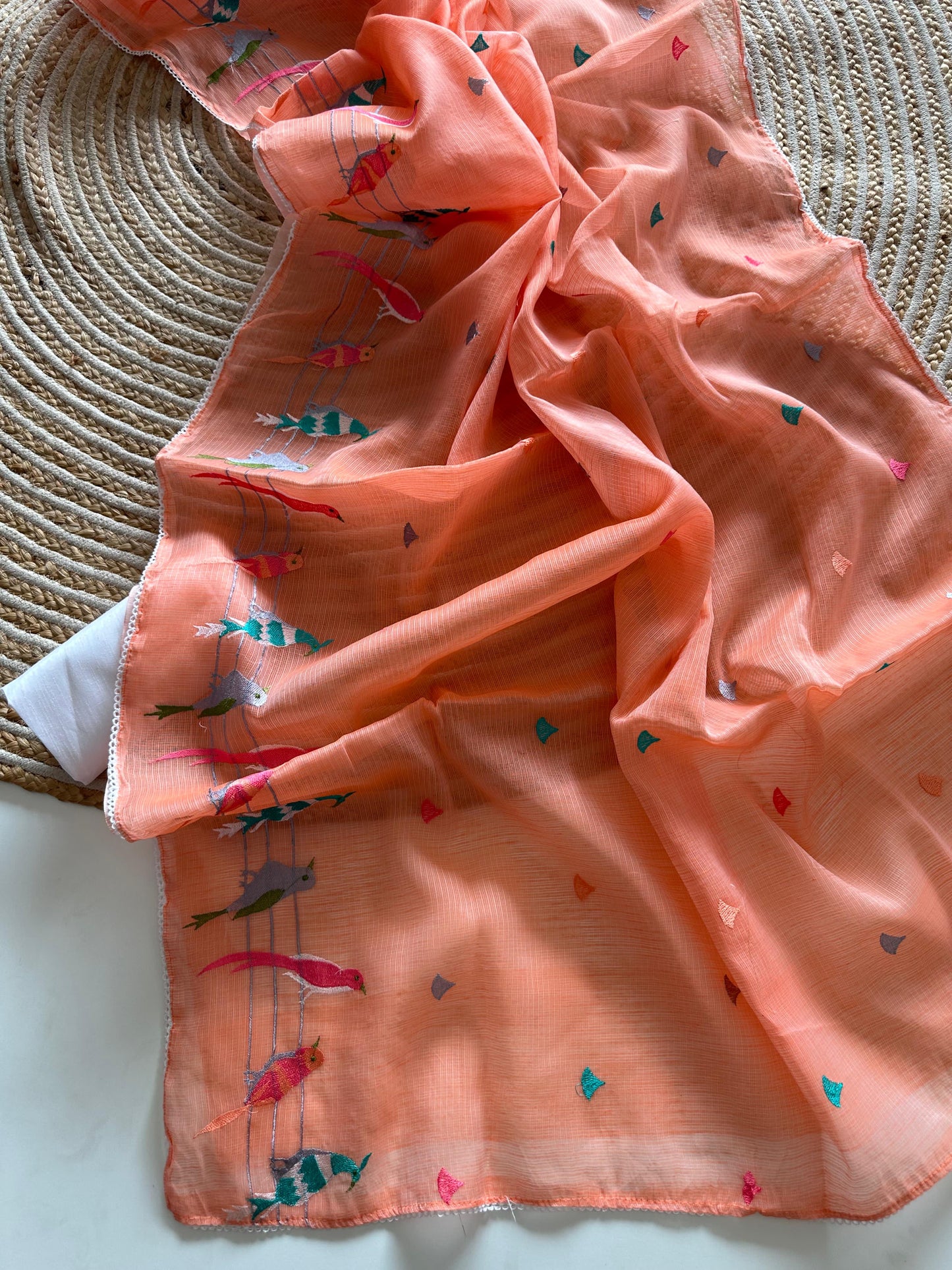 Tia Coral Peach Premium Doriya Saree