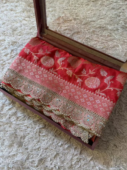 Mahnoor Coral Red Banarasi Soft Mashru Katan Silk Saree