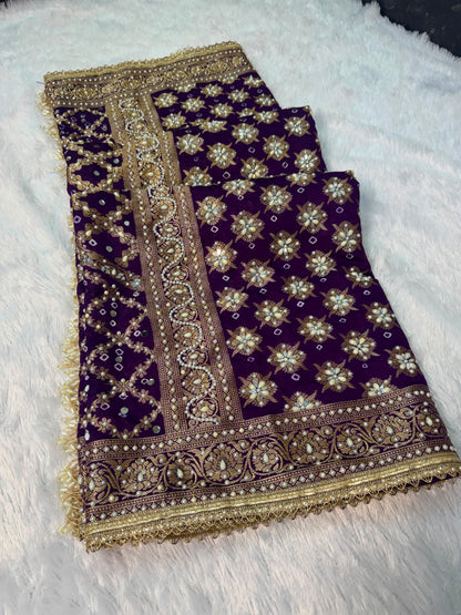 Bandhika Purple Banarasi Soft Georgette Bandhej Silk Saree