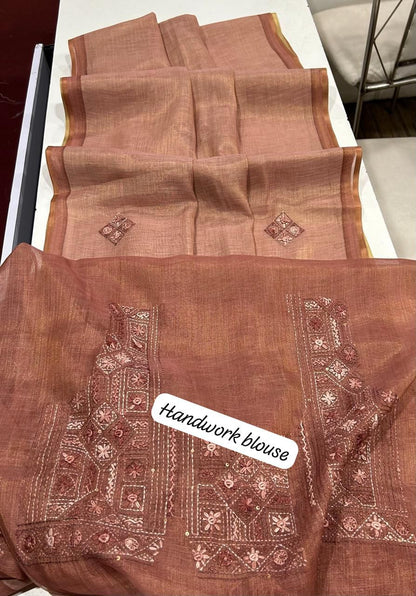 Kaavya Brown Linen Tissue Saree