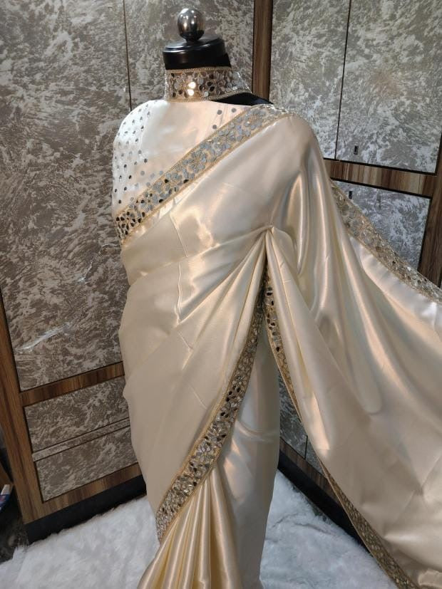 Sheen Ivory Pearl Zarqash Silk Saree