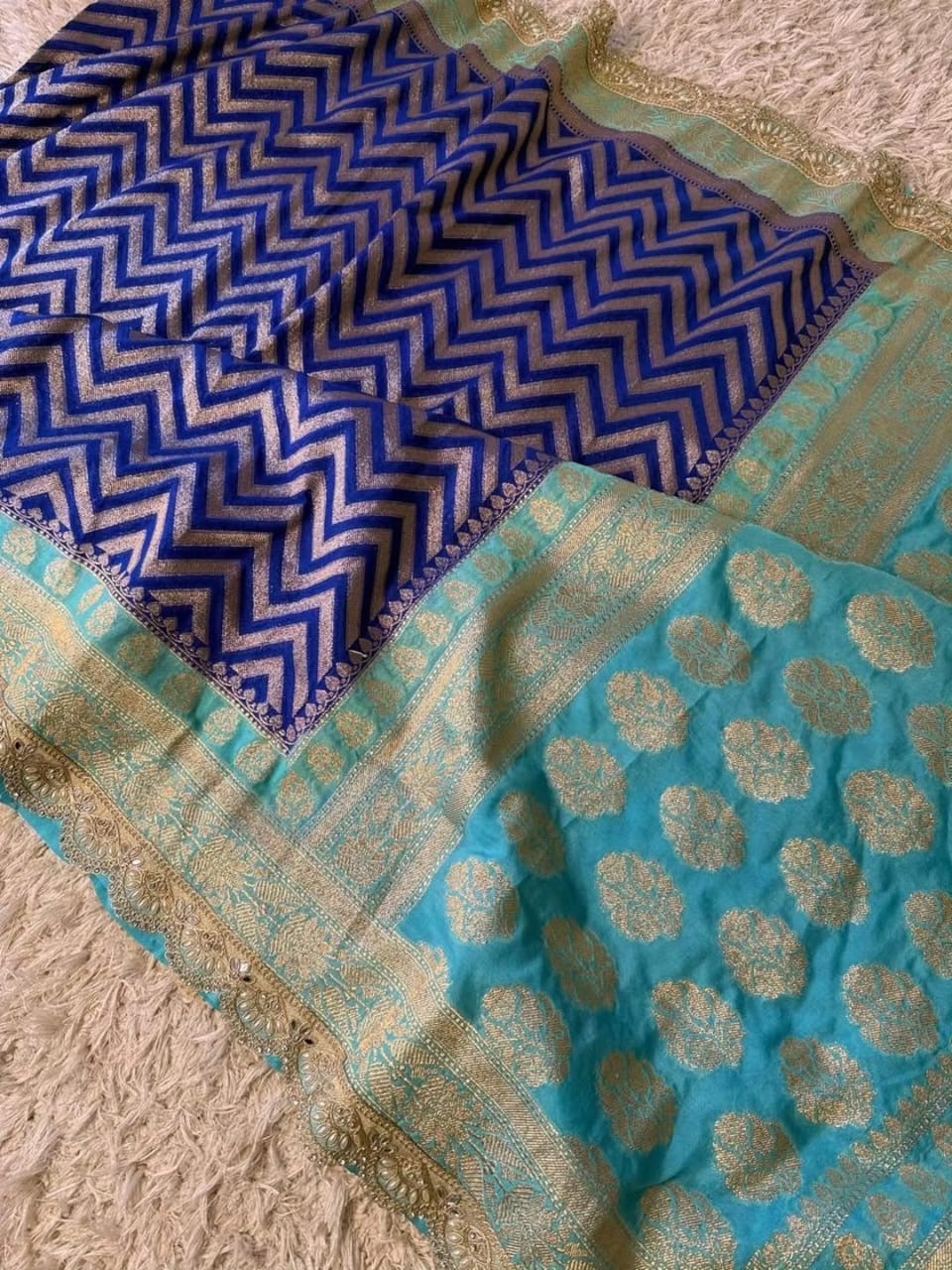 Saanvi Blue & Mint Katan Georgette Silk Saree
