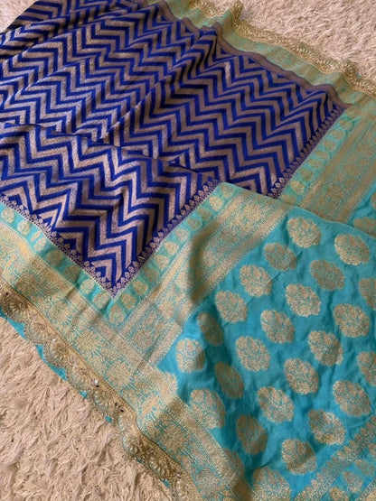 Saanvi Blue & Mint Katan Georgette Silk Saree