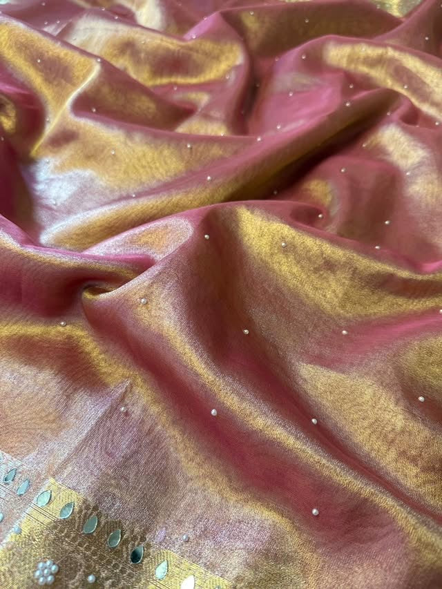 Nayab Rose Gold Pink Banarasi Soft Tissue Silk Saree