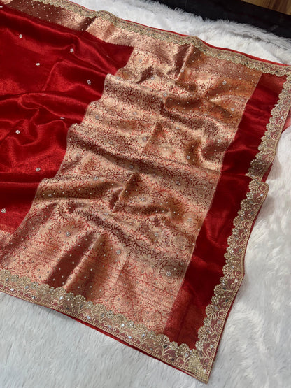 Gulnaar Red Tissue Silk Saree