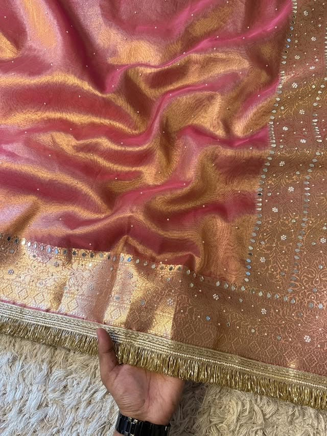 Nayab Rose Gold Pink Banarasi Soft Tissue Silk Saree