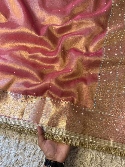 Nayab Rose Gold Pink Banarasi Soft Tissue Silk Saree