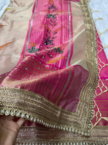 Avira Ivory & Rani Pink Banarasi Soft Tissue Silk Saree