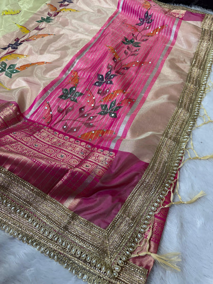 Avira Ivory & Rani Pink Banarasi Soft Tissue Silk Saree
