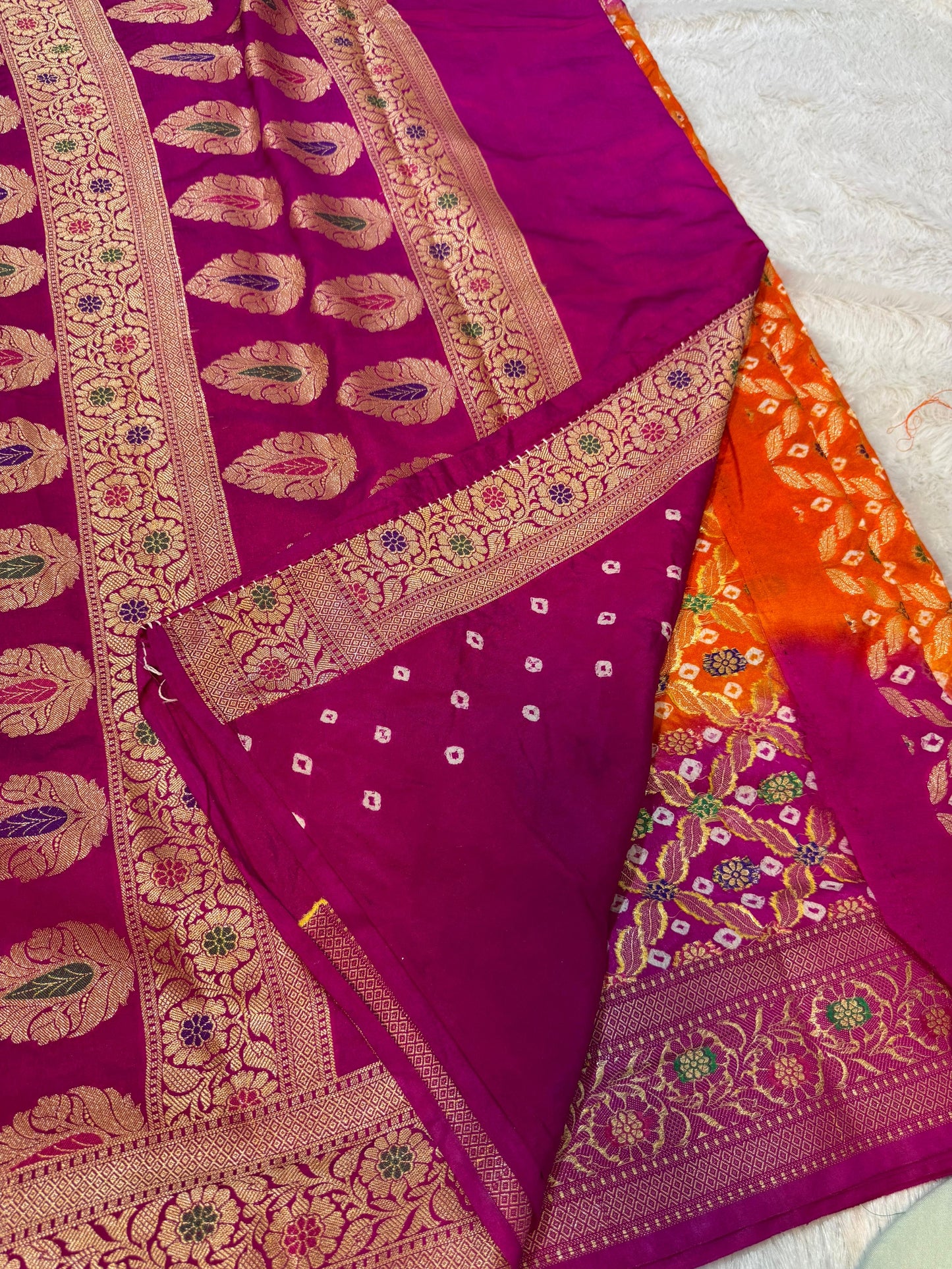 Bandini Orange & Magenta Banarasi Soft Bandhej Warm Silk Saree