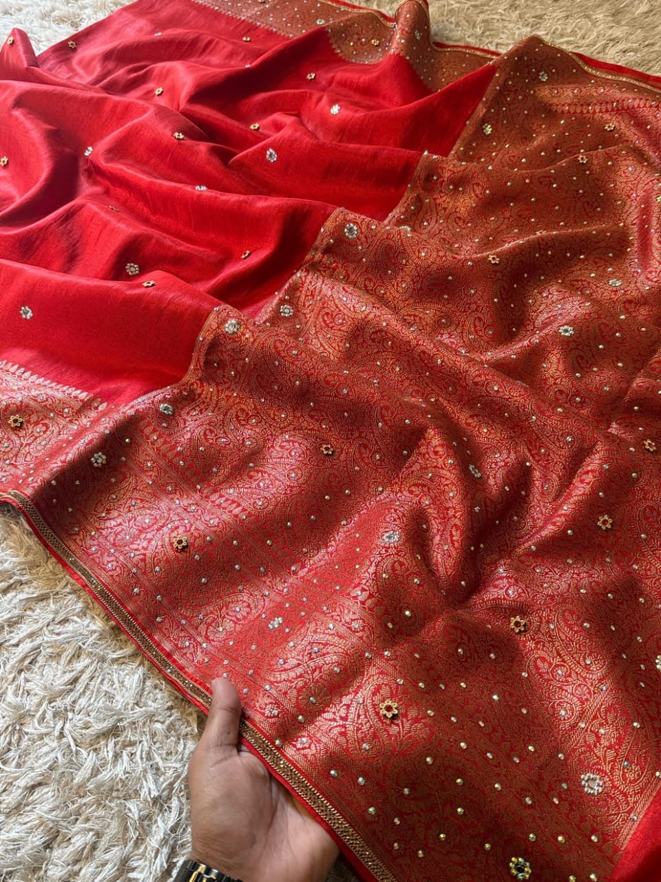 Laalima Ruby Red Banarasi Soft Tissue Silk Saree