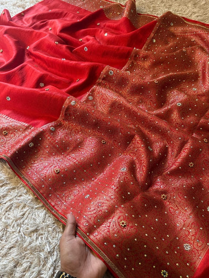 Laalima Ruby Red Banarasi Soft Tissue Silk Saree