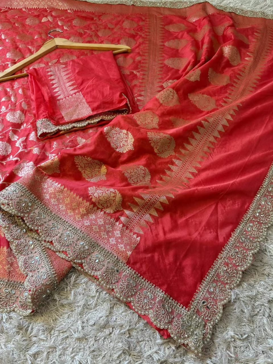Mahnoor Coral Red Banarasi Soft Mashru Katan Silk Saree