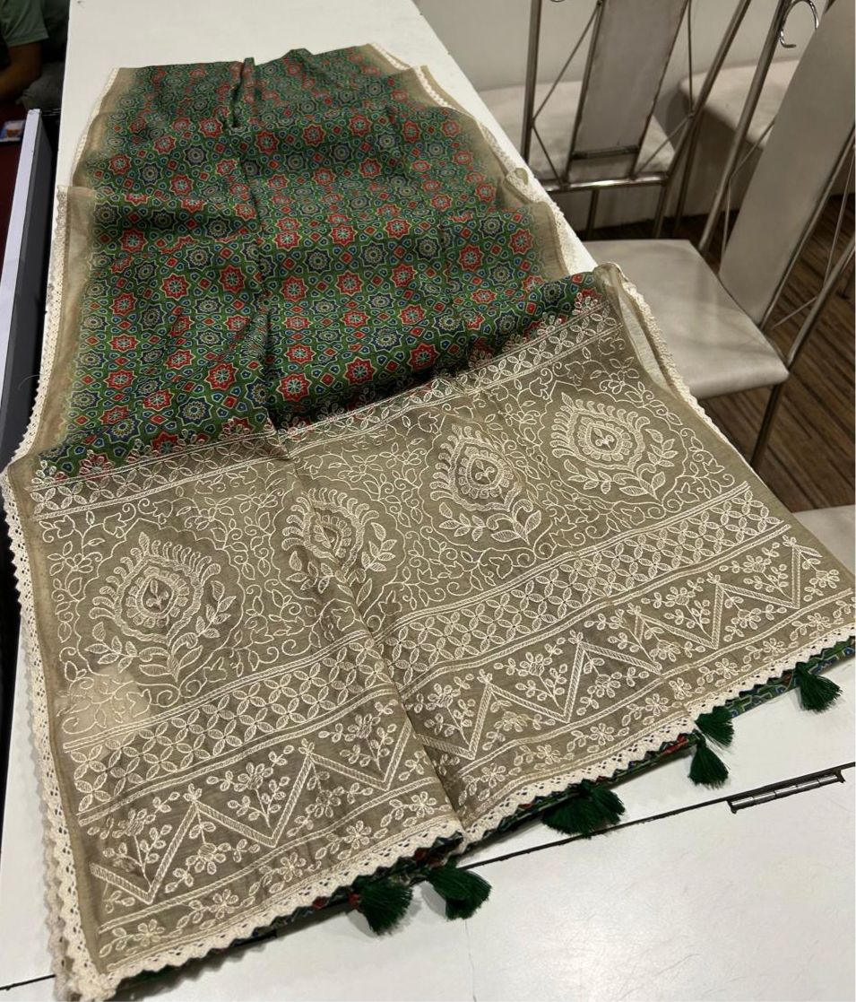 Noorvi Green Chanderi Cotton Saree with Ajrakh Print