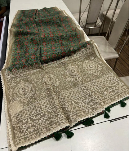 Noorvi Green Chanderi Cotton Saree with Ajrakh Print