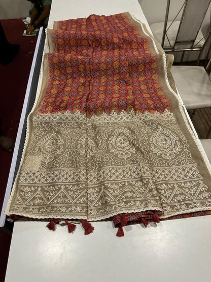Noorvi Red Chanderi Cotton Saree with Ajrakh Print