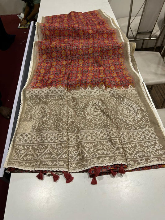 Noorvi Red Chanderi Cotton Saree with Ajrakh Print