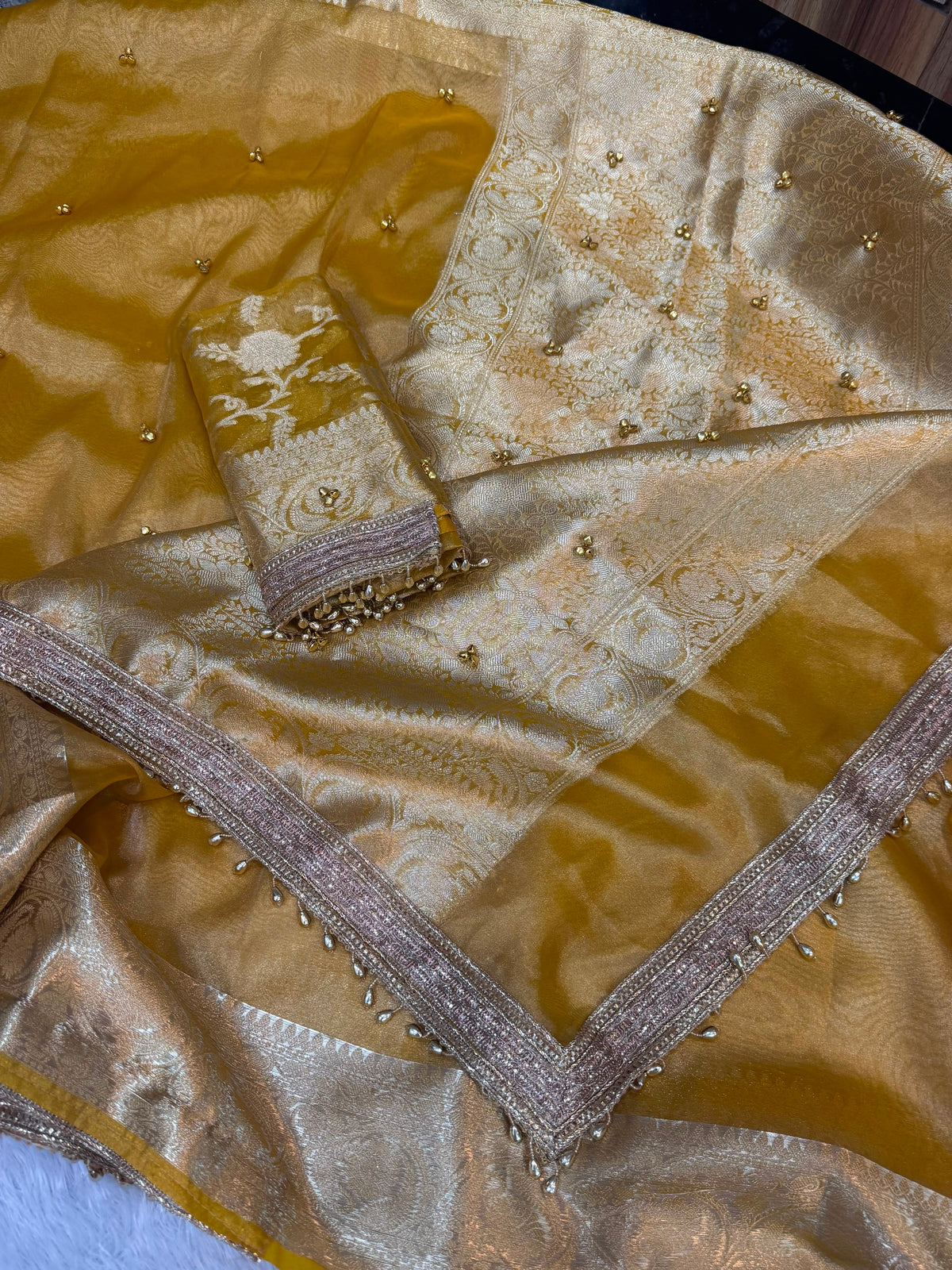 Madhur Ghungroo Yellow Tissue Silk Saree