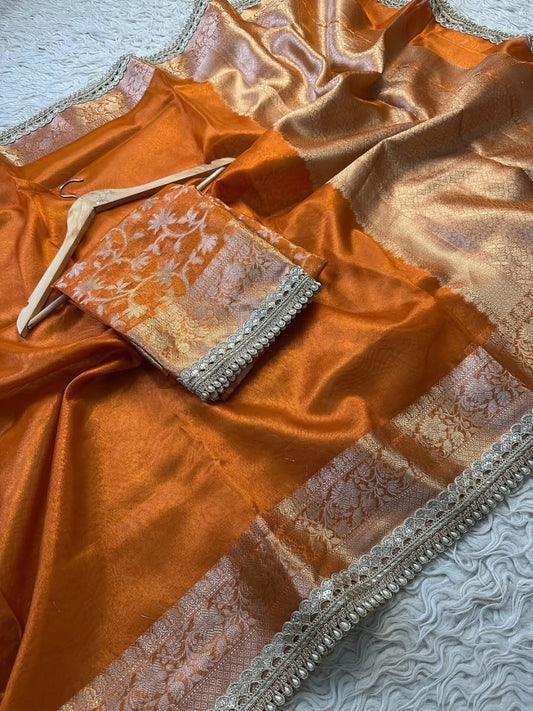 Charvi Rust Orange Tissue Silk Saree