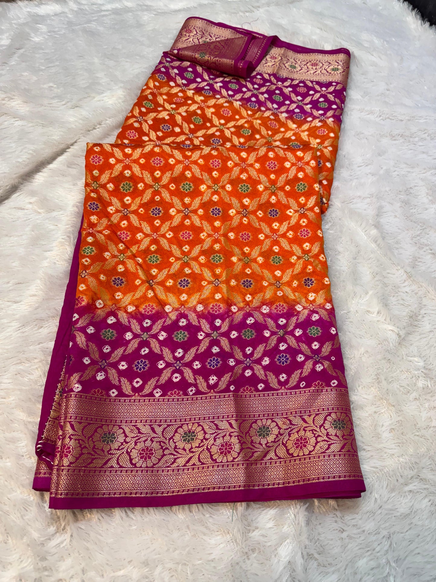 Bandini Orange & Magenta Banarasi Soft Bandhej Warm Silk Saree