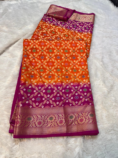 Bandini Orange & Magenta Banarasi Soft Bandhej Warm Silk Saree