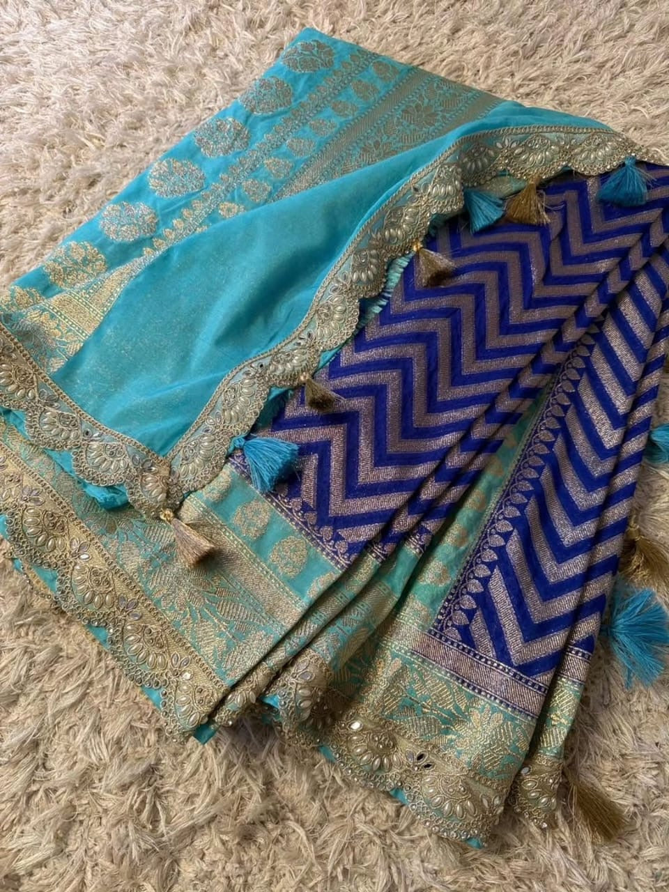 Saanvi Blue & Mint Katan Georgette Silk Saree