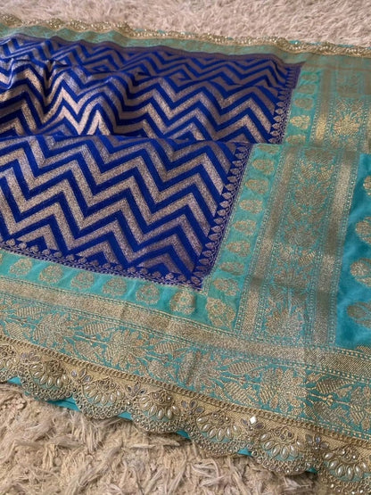 Saanvi Blue & Mint Katan Georgette Silk Saree