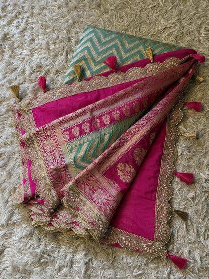 Saanvi Pink & Green Katan Georgette Silk Saree