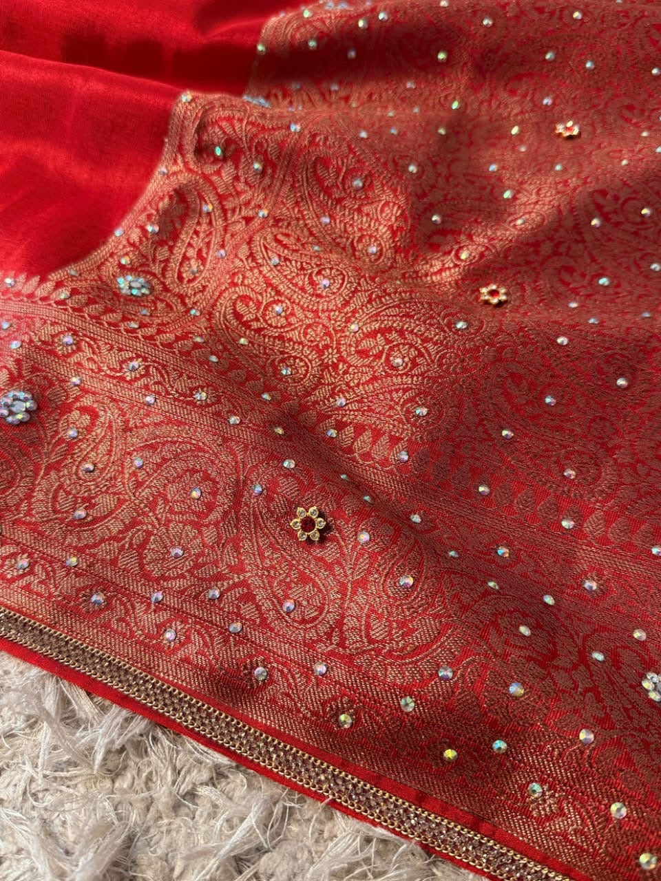 Laalima Ruby Red Banarasi Soft Tissue Silk Saree