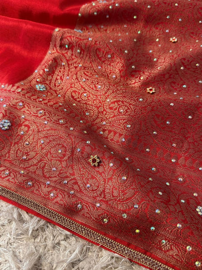 Laalima Ruby Red Banarasi Soft Tissue Silk Saree