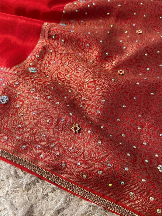 Laalima Ruby Red Banarasi Soft Tissue Silk Saree